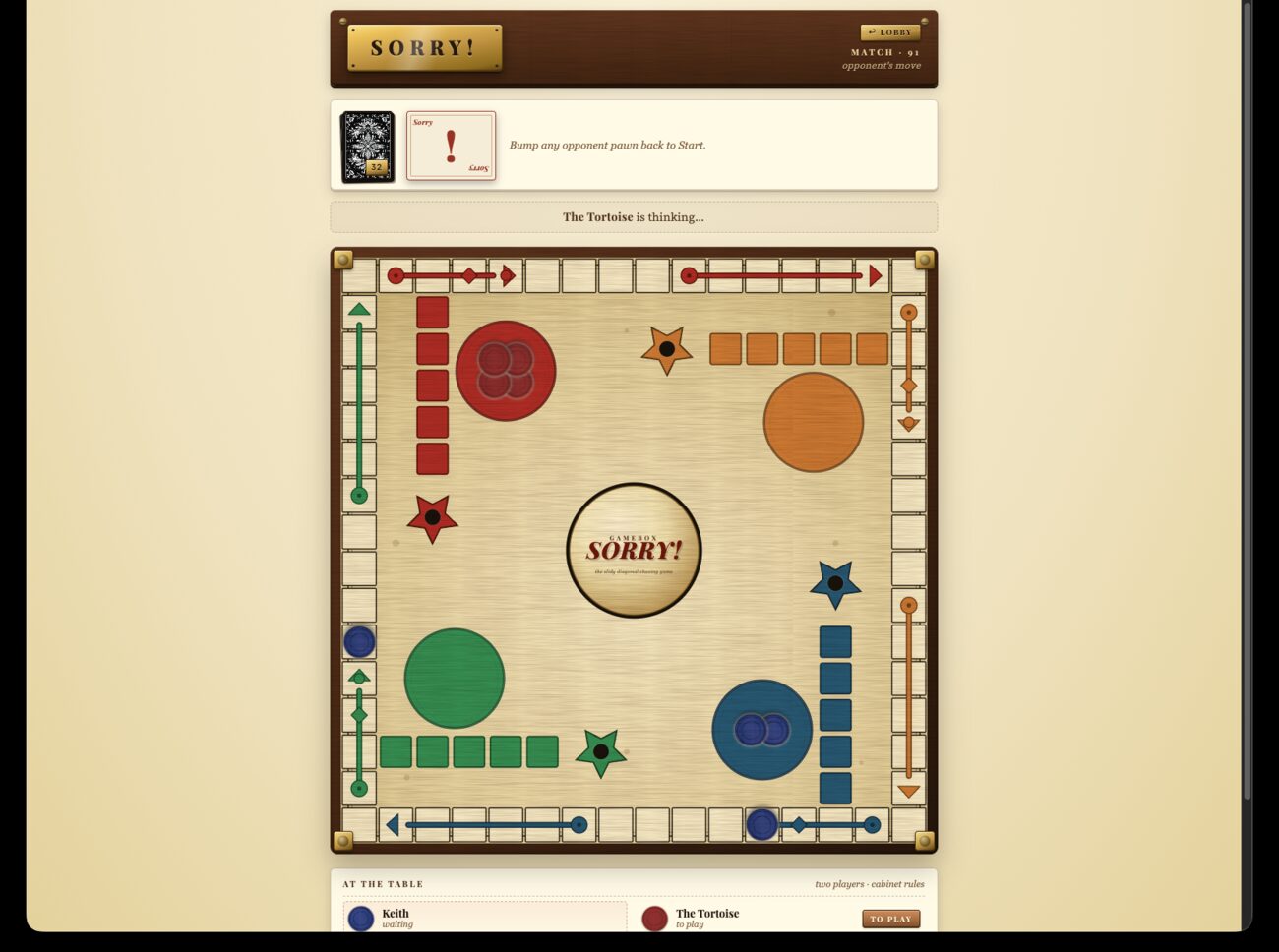 Gamebox Sorry — a wooden cabinet-style board mid-game, with the AI opponent The Tortoise thinking and a Sorry! card drawn